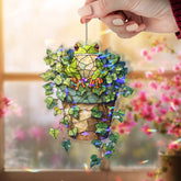 Frog in Ivy Plant Acrylic Suncatcher, Stained Glass Style Green Frog with Hanging Pot Window Decor, Nature Garden Lover Home Gift